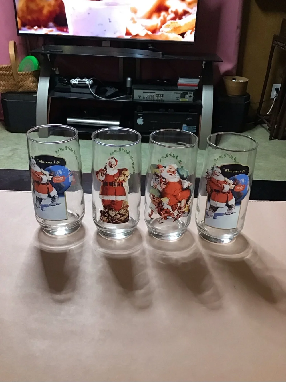 4 Vintage Coca-Cola Santa Christmas Glasses Set Collectable Glassware Coke